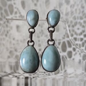 Vintage Larimar Sterling Silver Boho Teardrop Dangle Earrings